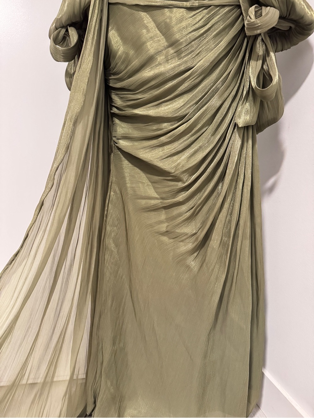 Olive Green Draped Evening Dress with Bow Detail - Picture 7 of 9